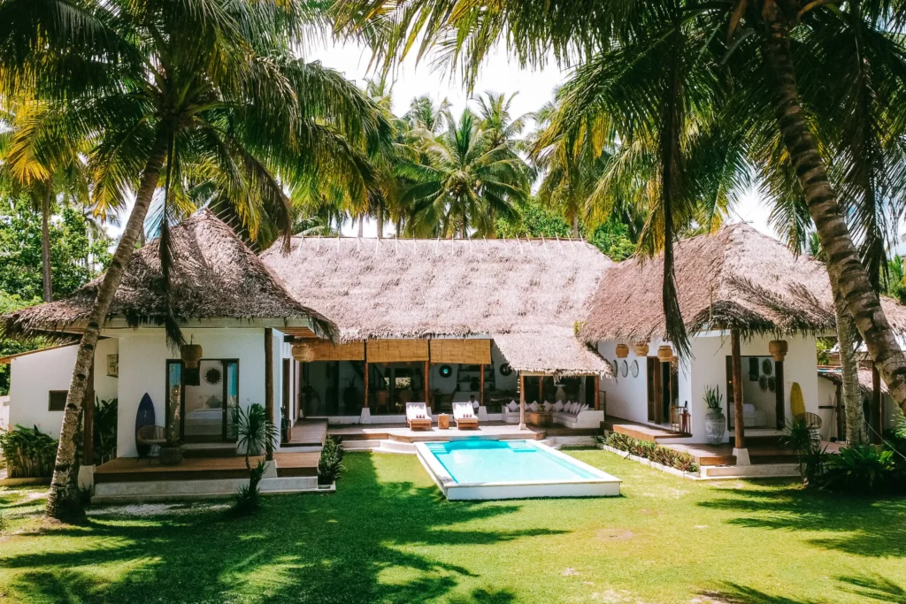 Aerial view of Villa Onu's garden deck and pool