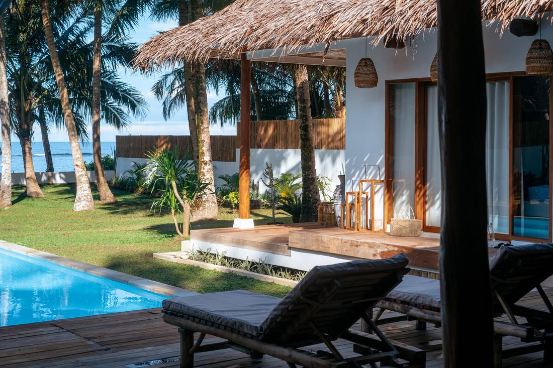 Aerial view of Villa Onu's garden deck and pool