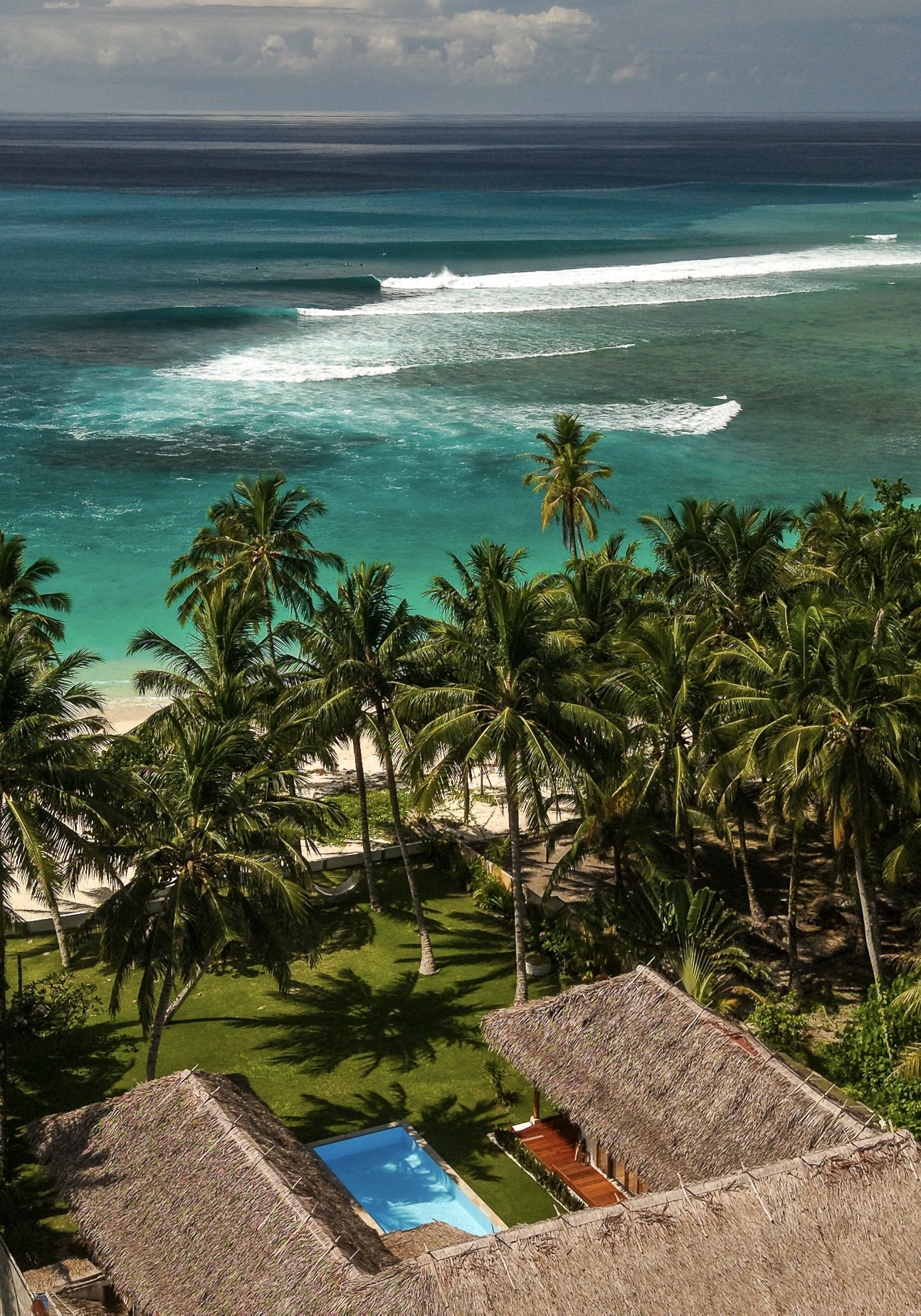 Aerial view of Villa Onu's garden deck and pool